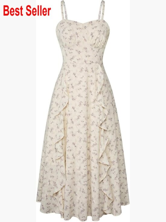 Dresses & Skirts - Polyester Blend Floral Midi Dress with Ruffle Details for Wedding Guest